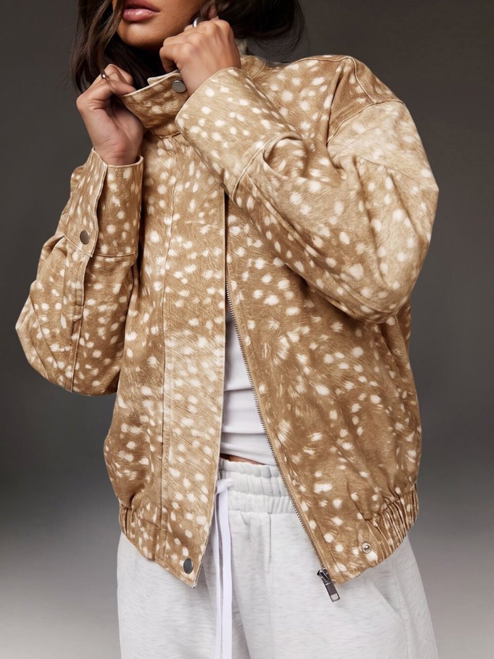 Khaki Casual Women's Funnel Neck Zip Up Oversized fawn print Denim Jacket